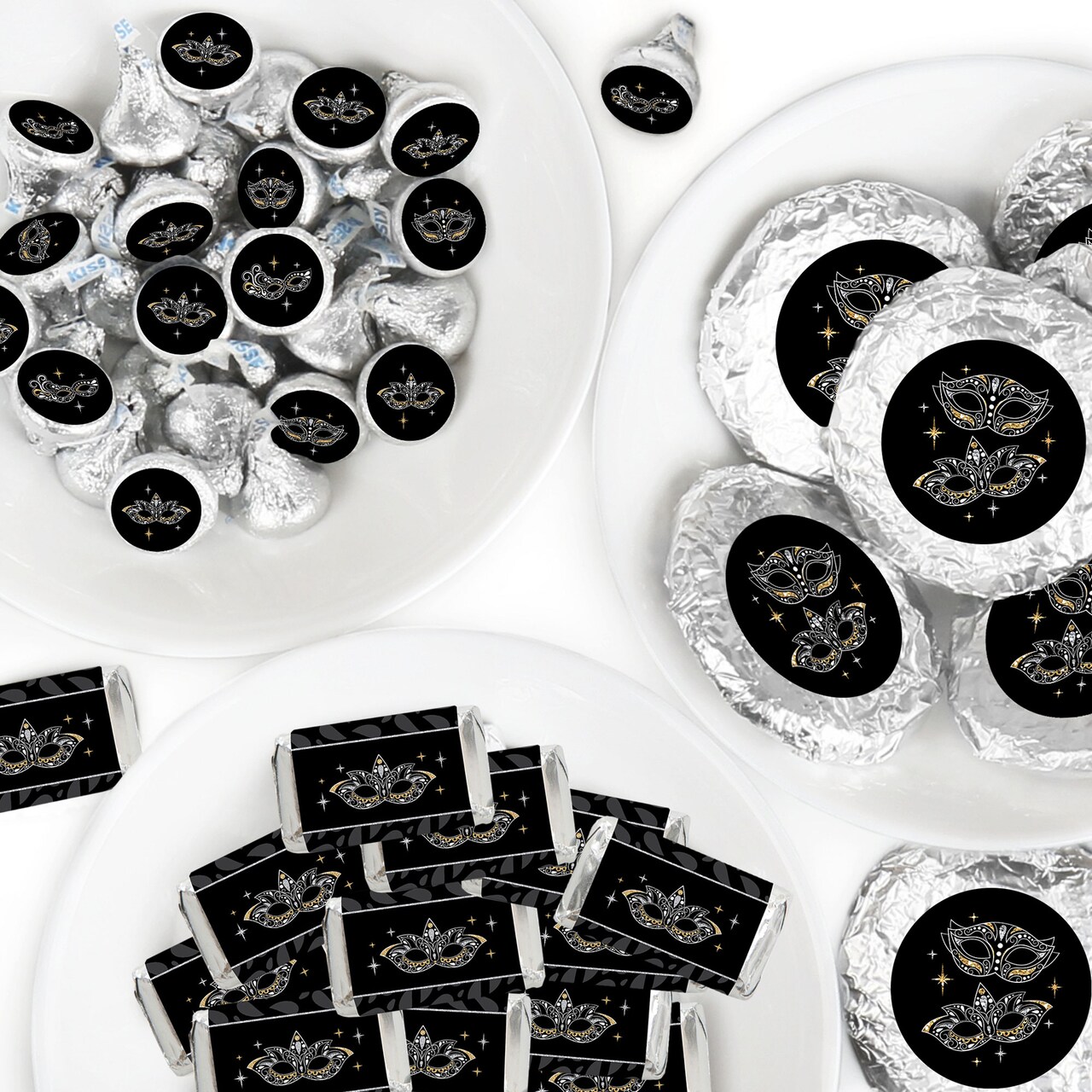 Big Dot of Happiness Masquerade - Mini Candy Bar Wrappers, Round Candy Stickers and Circle Stickers - Mask Party Candy Favor Sticker Kit - 304 Pieces